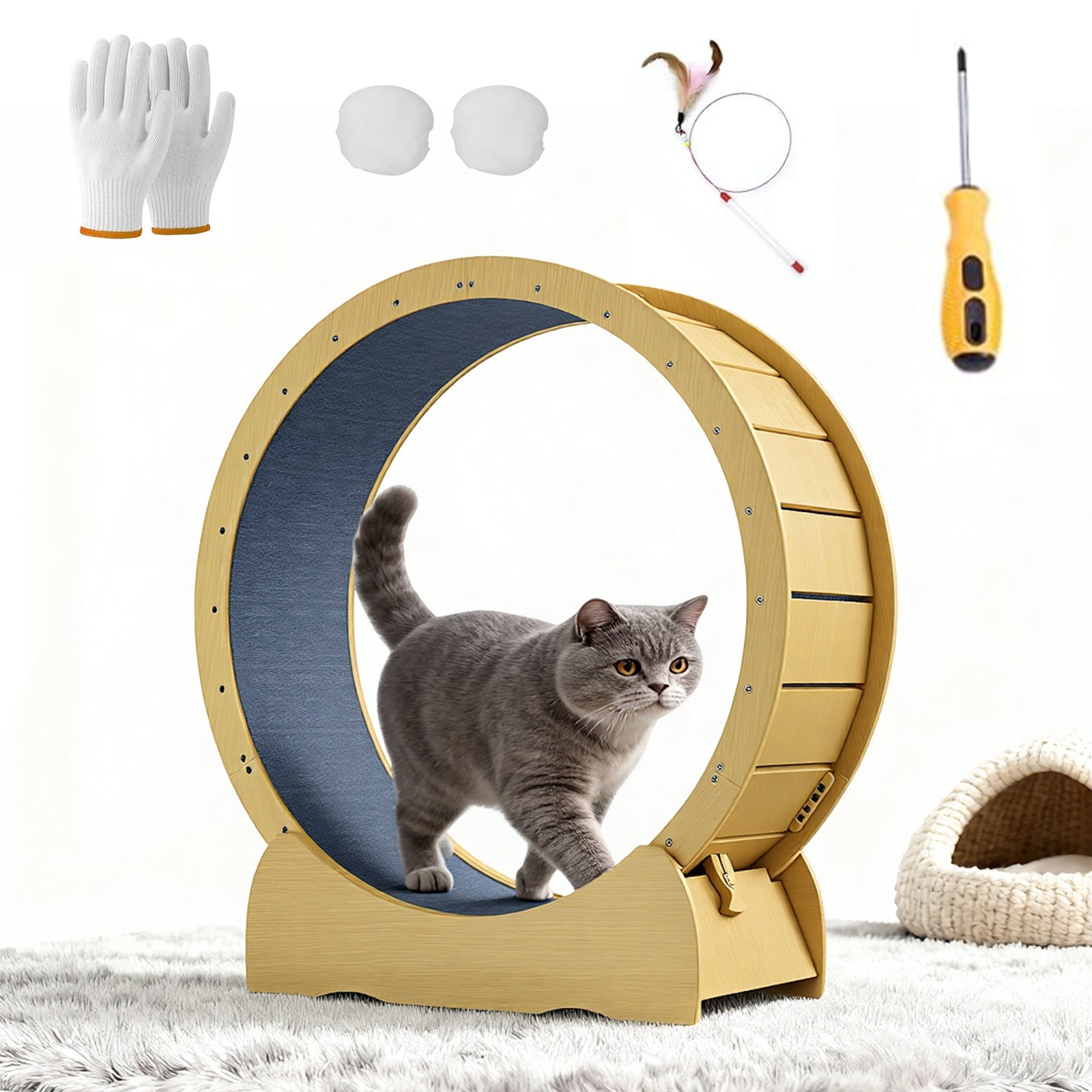 42"Cat Exercise Wheel for Indoor Cats with Detachable Carpeted Runway Solid Wood