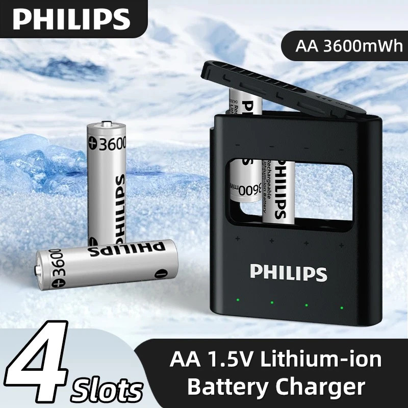 PHILIPS Rechargeable Lithium AA Batteries with Fast Charger 4 Pack 1.5V 3600mWh