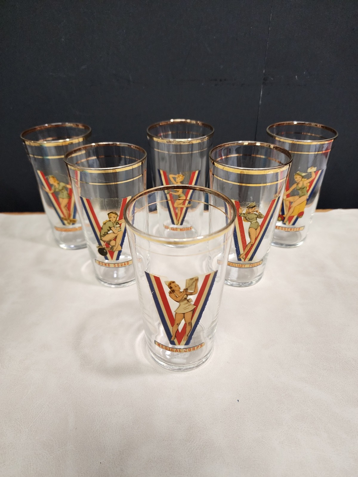 6 WWII Victory Drinking Glasses Pinup Girl V is for Victory Vintage 1942