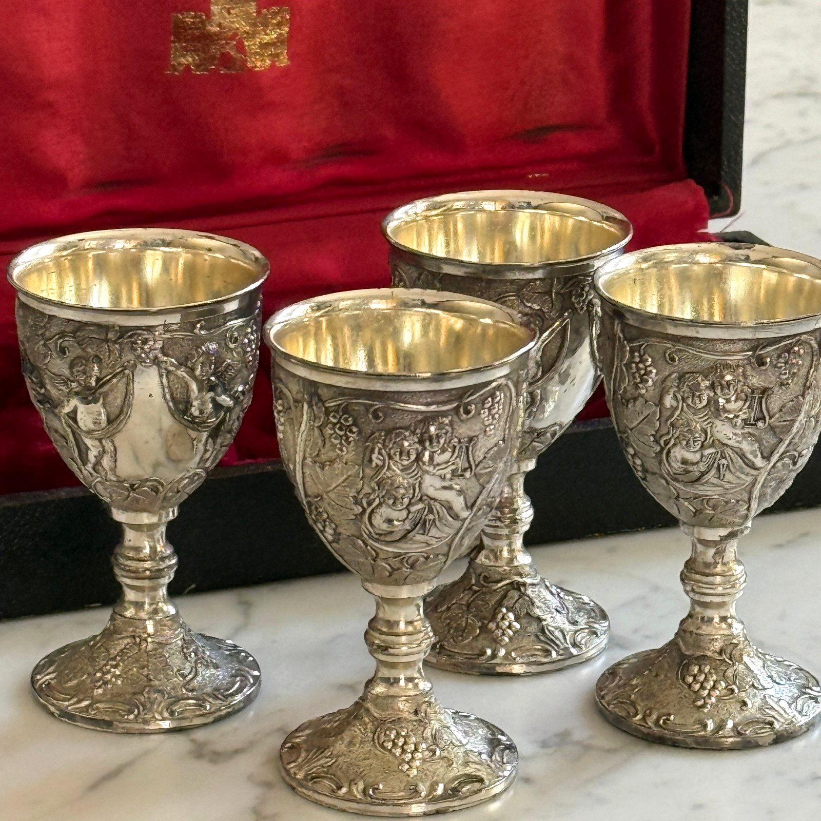 Vintage Victorian Barware with Cherub & Grapes - 4 Small Plated Wine Goblets