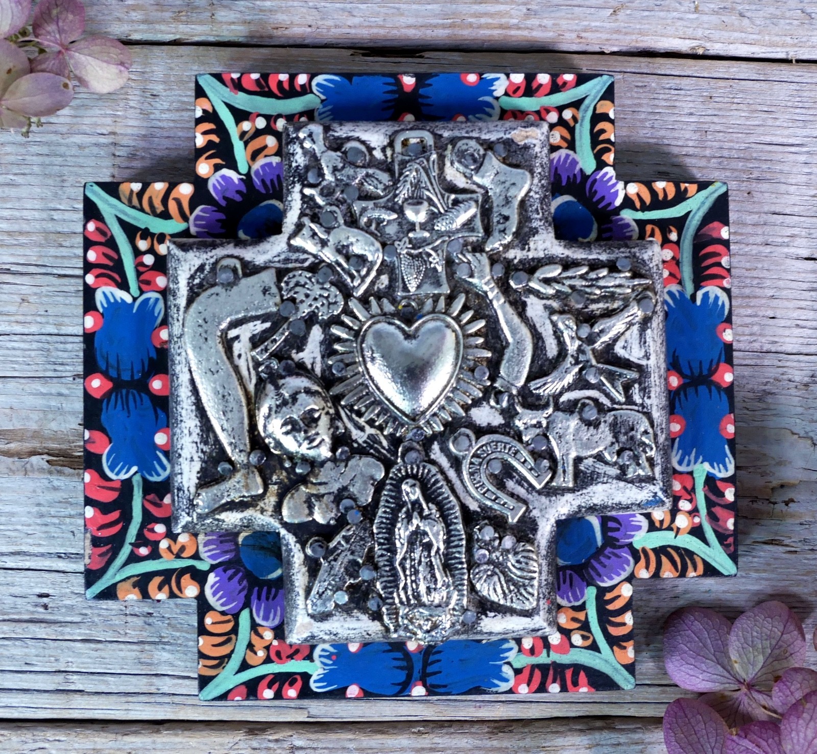 Greek Cross Wood Milagros Hand Painted Floral Boarder Handmade Mexican Folk Art