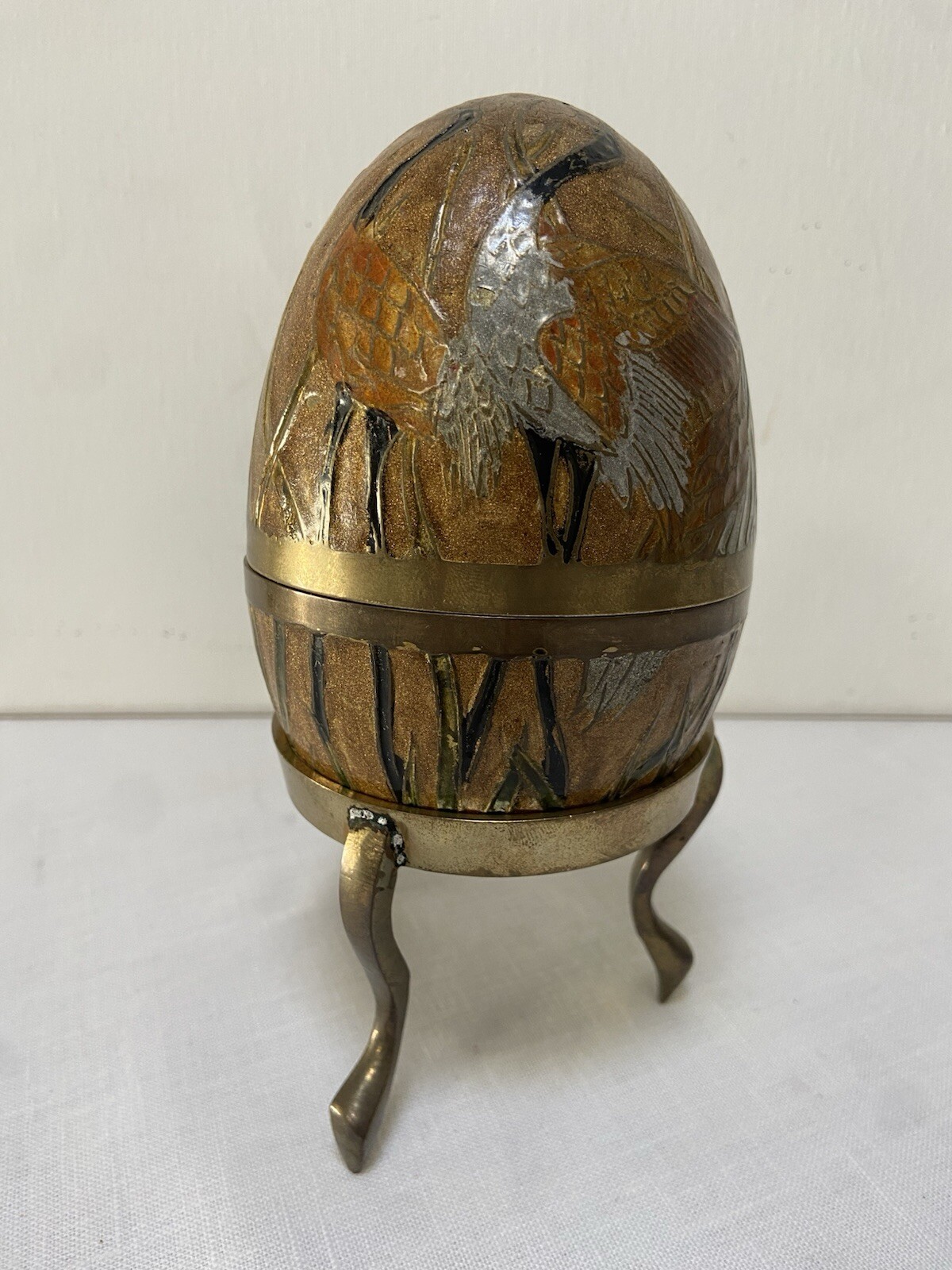 Solid Brass Egg & Stand Cloisonne Painted Trinket Box Ornate Enamel India Birds