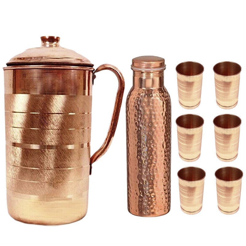 Pure Copper Handmade Designer Drinking Water Jug Pitcher With Glass Bottle