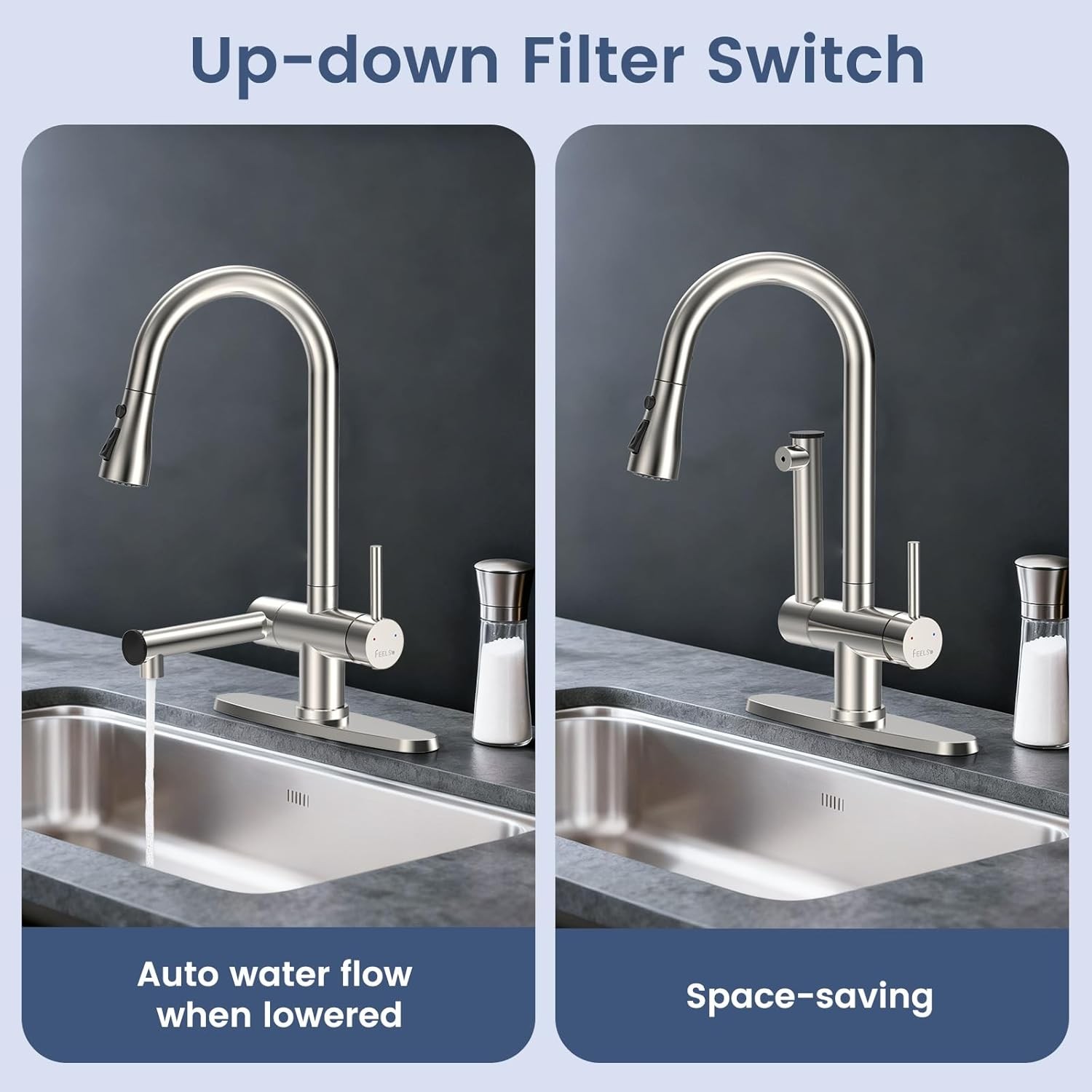 Kitchen Sink Faucet with Filtered Stainless Steel Pull Down Sprayer Swivel Mixer