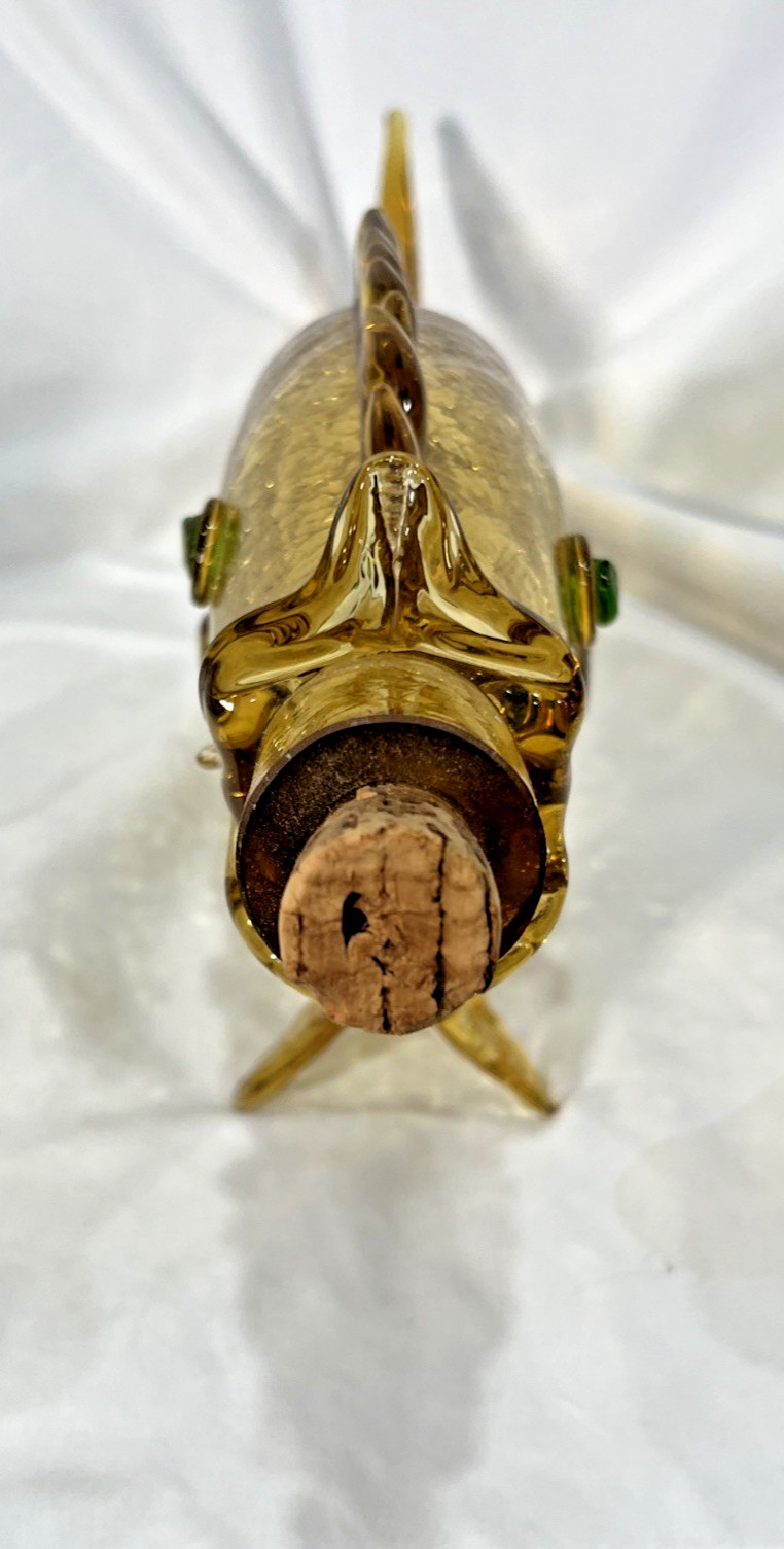 Vintage Amber Green Murano Crackle Glass Fish Decanter