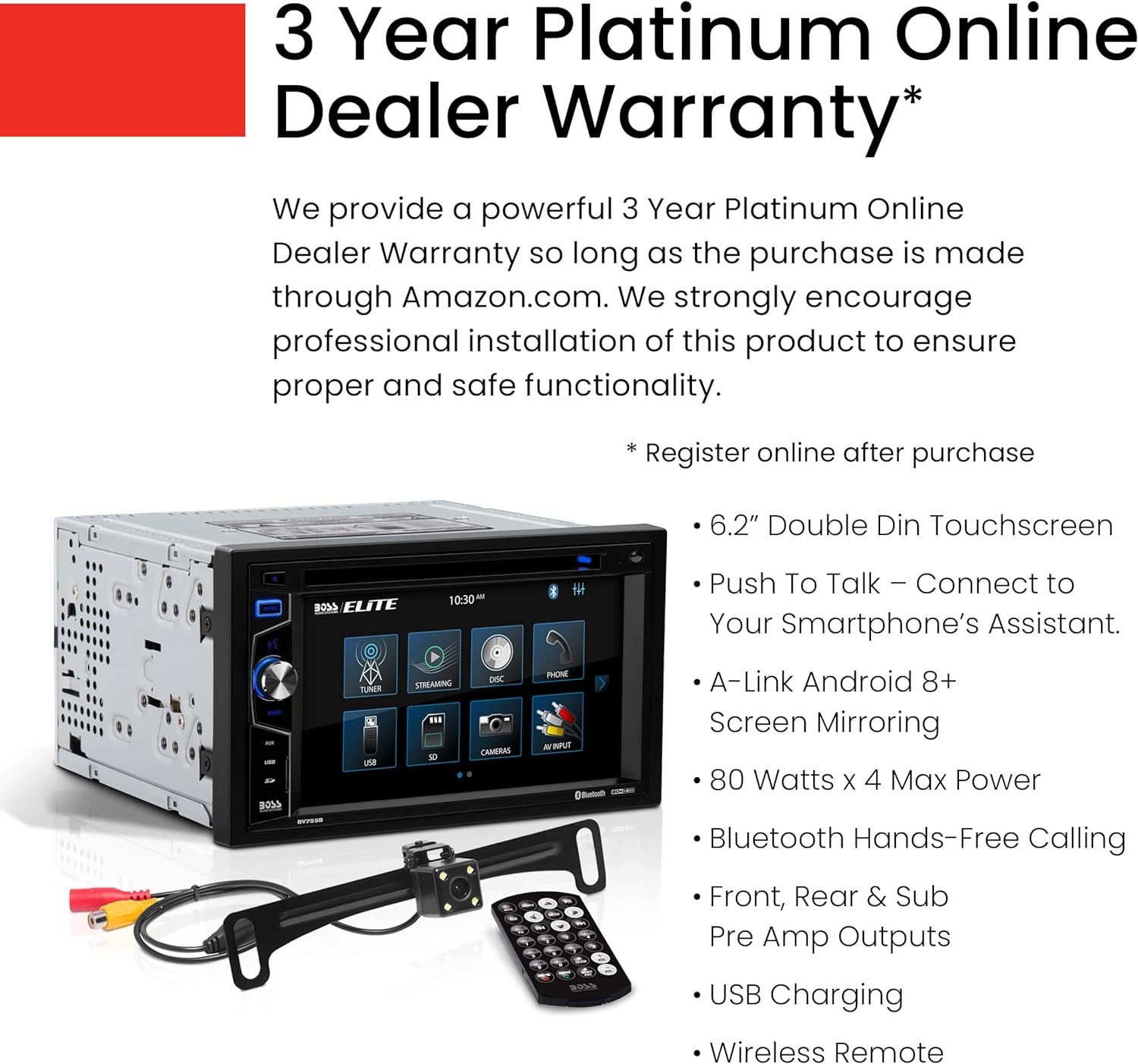 BOSS BV755BLC 6.2" Double Din Car Stereo CD USB Bluetooth + Backup Camera