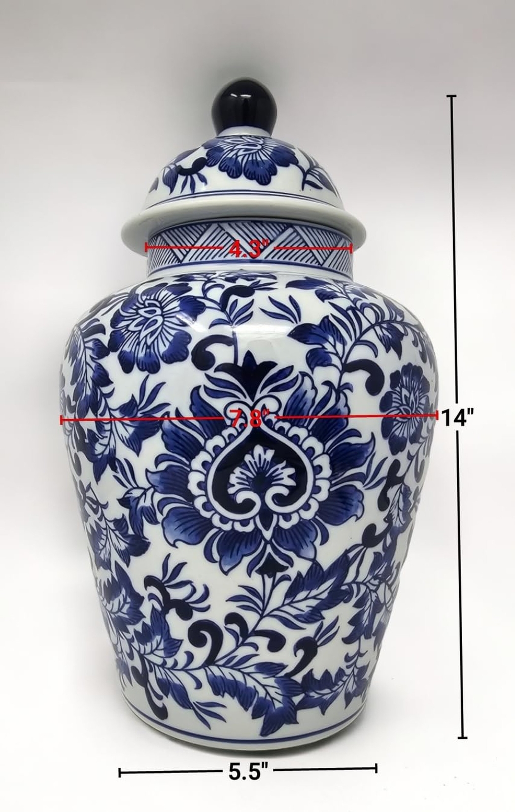 Festcool 14" Blue and White Porcelain Floral Temple Ginger Jar Vase, China Qi...