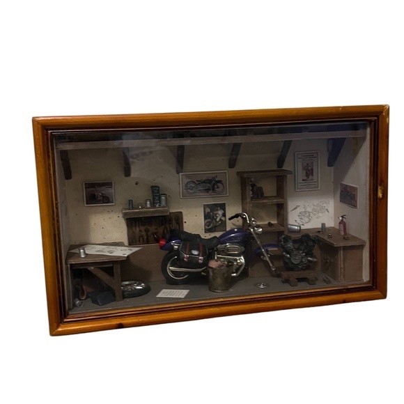 Vintage Motorcycle Garage Shop Diorama Shadow Box.