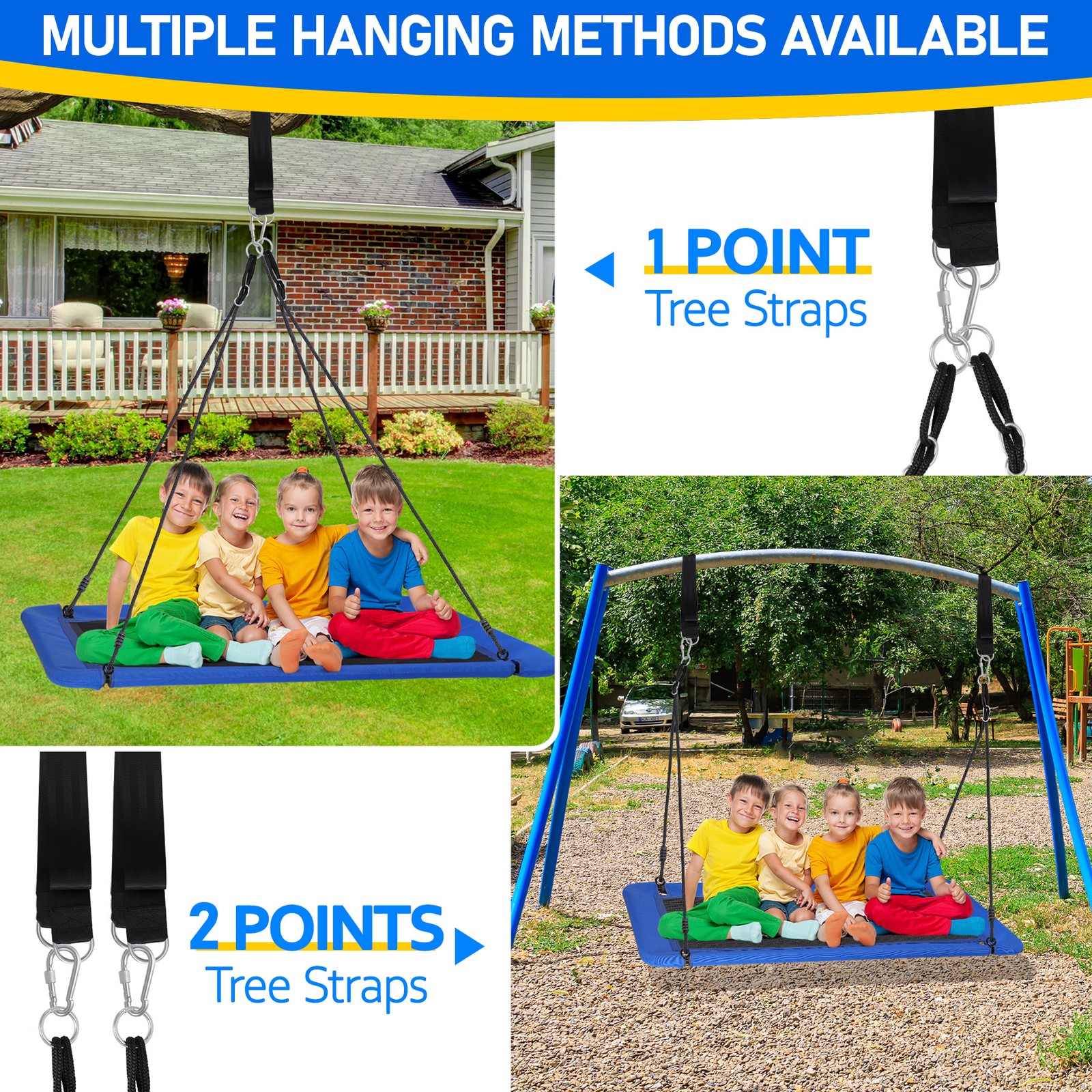 60" Rectangle Platform Tree Swing for Kids and Adults with 2 Hanging Straps Blue