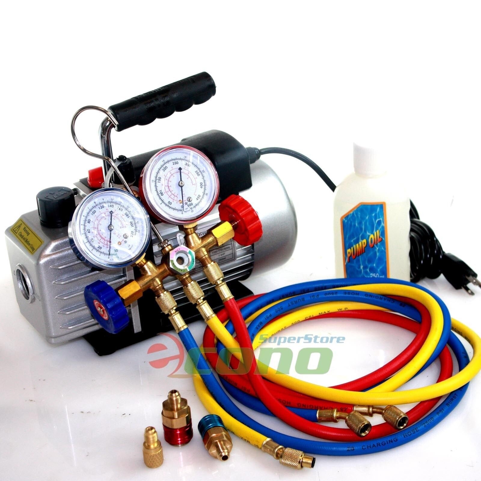 Deluxe Auto Refrigerant Manifold Gauge Set & 3 CFM Vacuum Pump 5ft HVAC Hoses