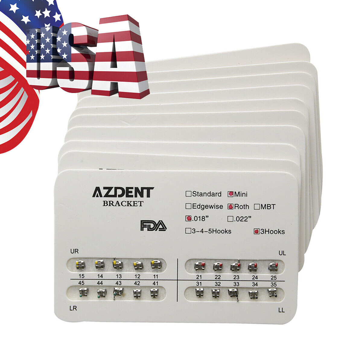 AZDENT Brackets de Ortodoncia Dental Estándar Roth MBT.022/018 con Ganchos 3/345