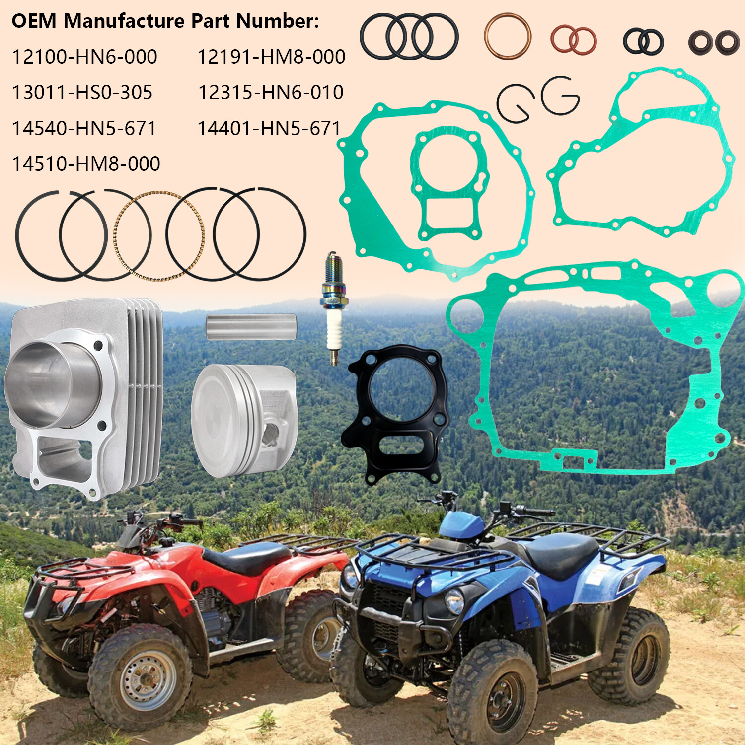 Cylinder Piston Gasket Top End Rebuild Kit for Honda Recon 250 TRX250 1997-2024
