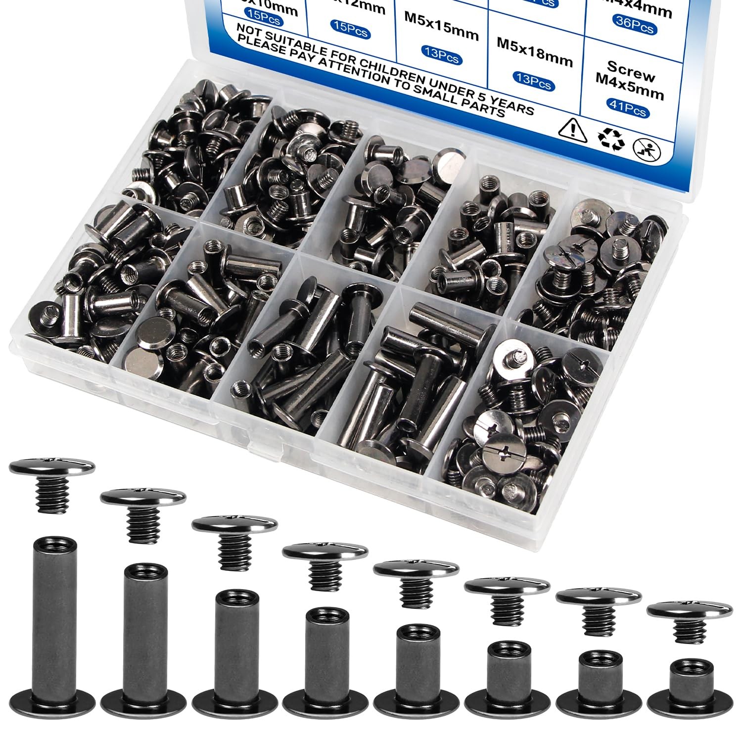 128 Sets Chicago Screws Kit, Black Screw Rivets, 8 Sizes Carbon Steel Binding...