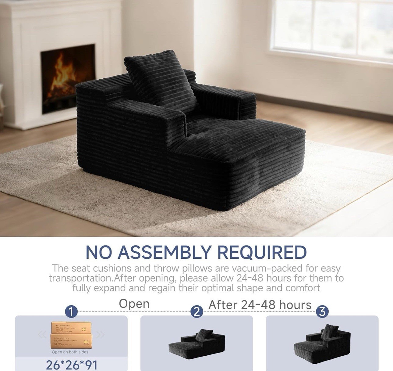 45'' Chaise Lounge Chair Indoor, Corduroy Upholstered Boneless Sofa Bed, Deep...