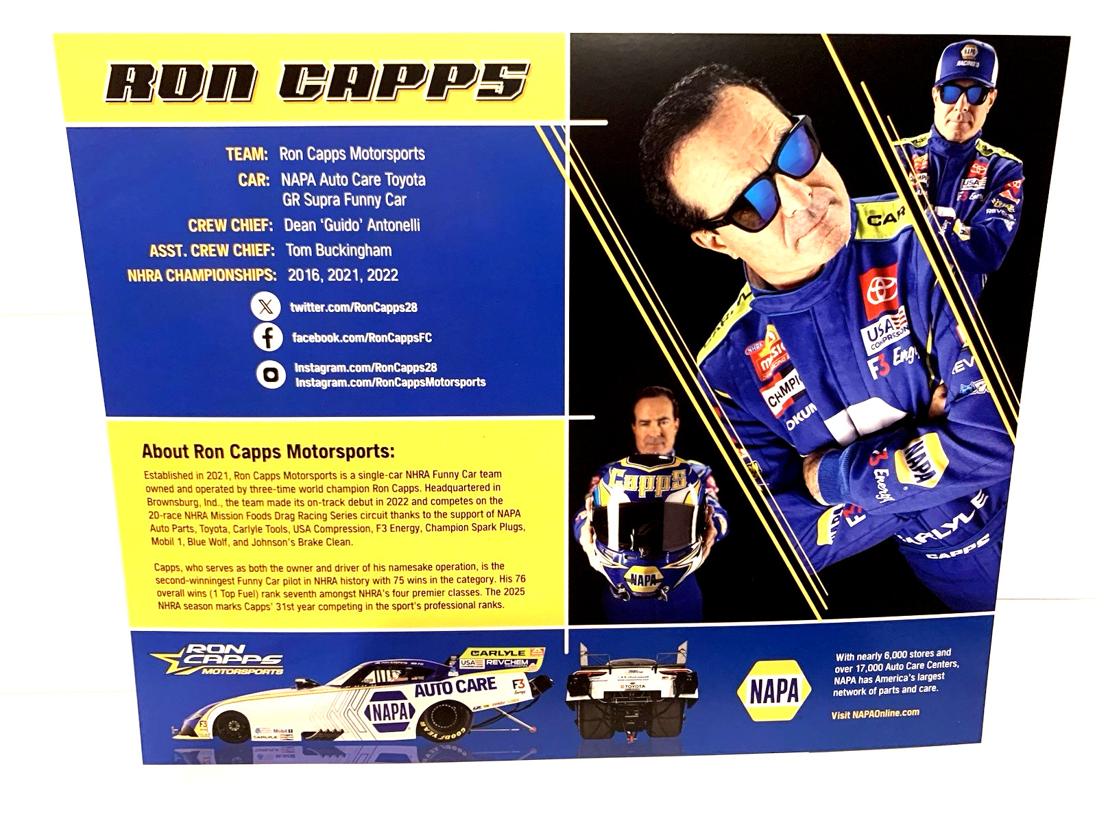 2025 RON CAPPS 3 X CHAMP TOYOTA GR SUPR NAPA 100 YEARS NHRA FUNNY CAR POSTCARD