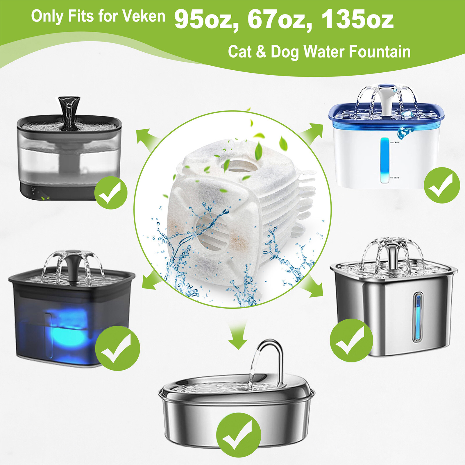 28pcs Cat Water Fountain Sponges Filters Fits for Veken 95/67/135oz Replacement