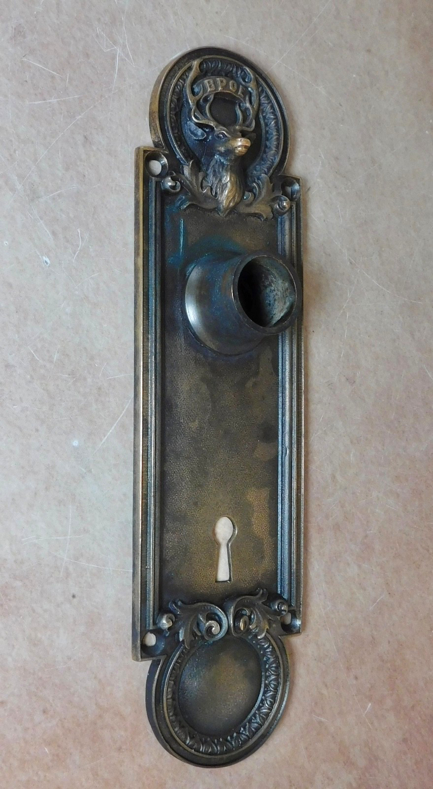 Antique BPOE Elk door back plate cast brass bronze emblematic escutcheon