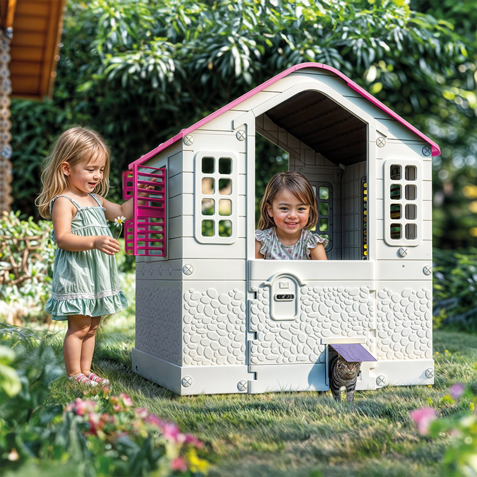 DOLU Pink Cottage Playhouse, Indoor/Outdoor Toy House Set for Kids Age 2+ Years