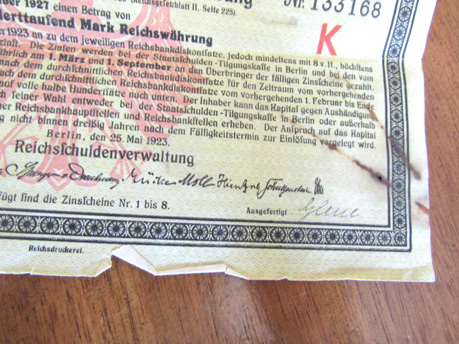 1923 8-15 zinfige Schatzanweifung des Deutfchen Reichs 1000000 German Bond