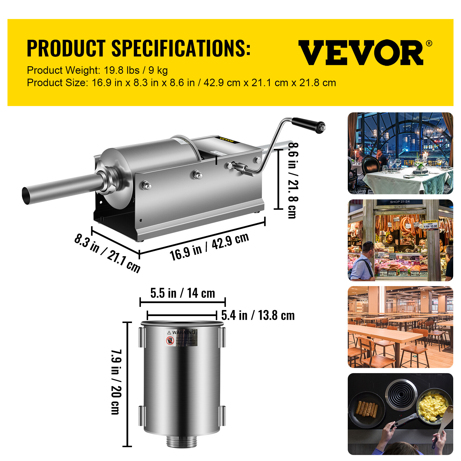 VEVOR 3L Horizontal Commercial Sausage Stuffer 2Speed Stainless Steel Meat Press