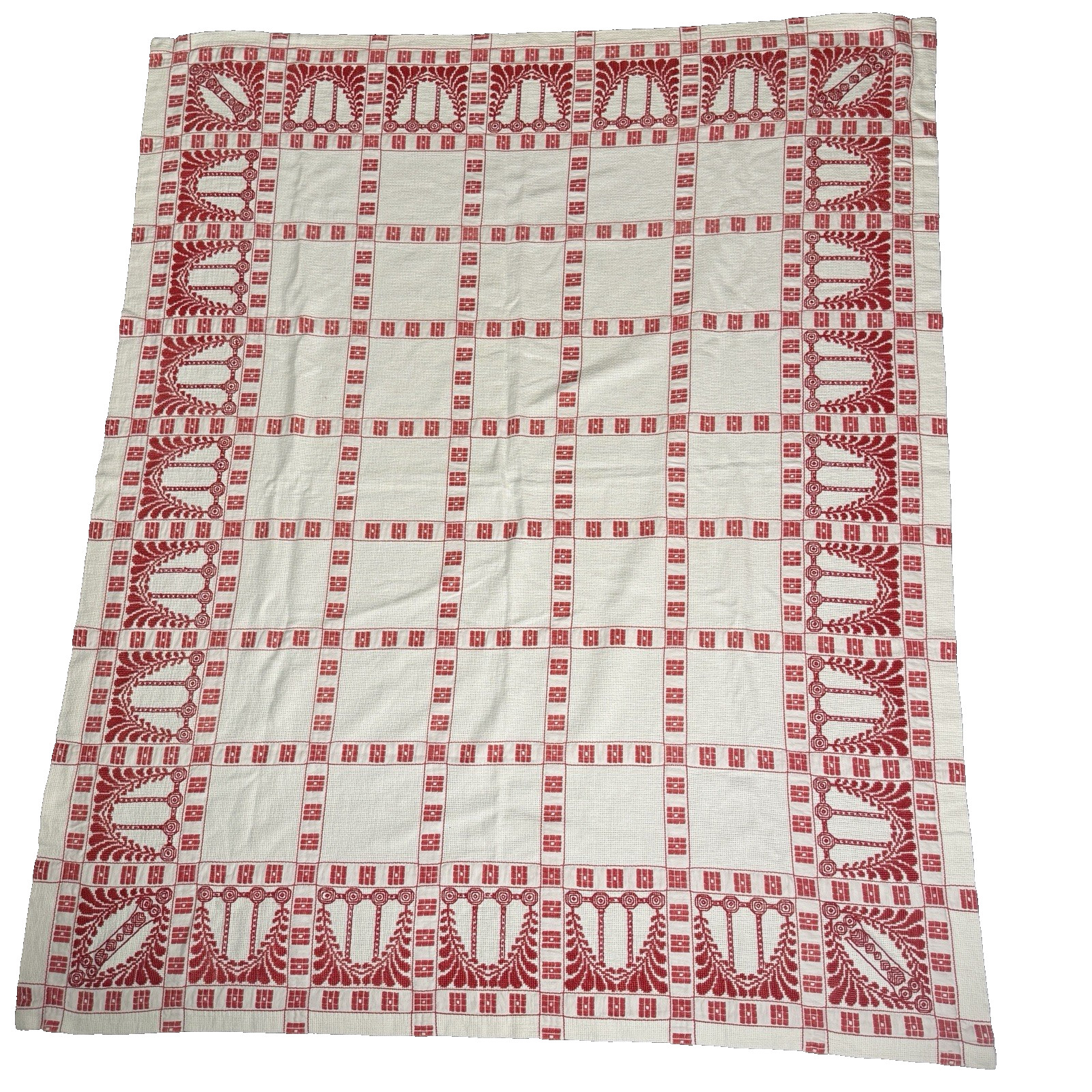 Beautiful Red & White Nouveau Pattern Woven Tablecloth 65X54 EUC French Country