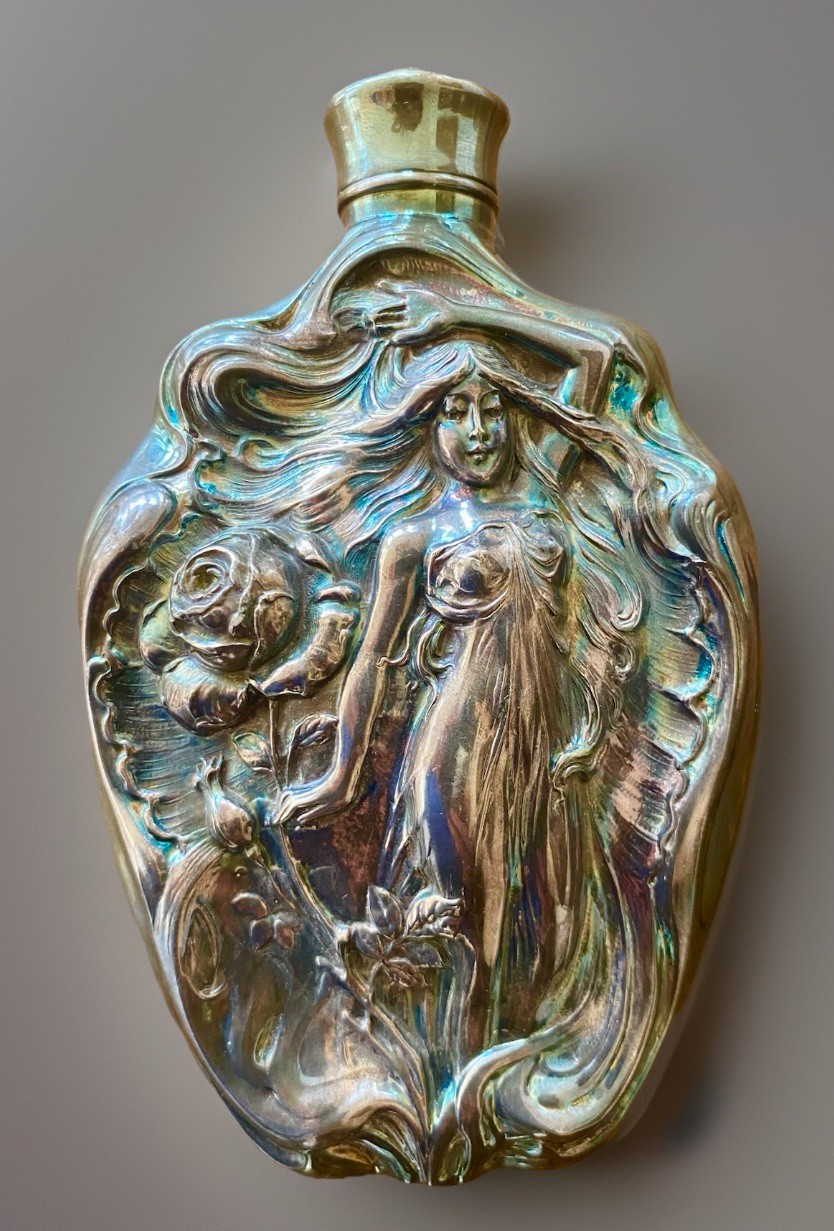 Art Nouveau Spirit Flask Victor Silver Co Nymph Relief Iridescent Barware Superb