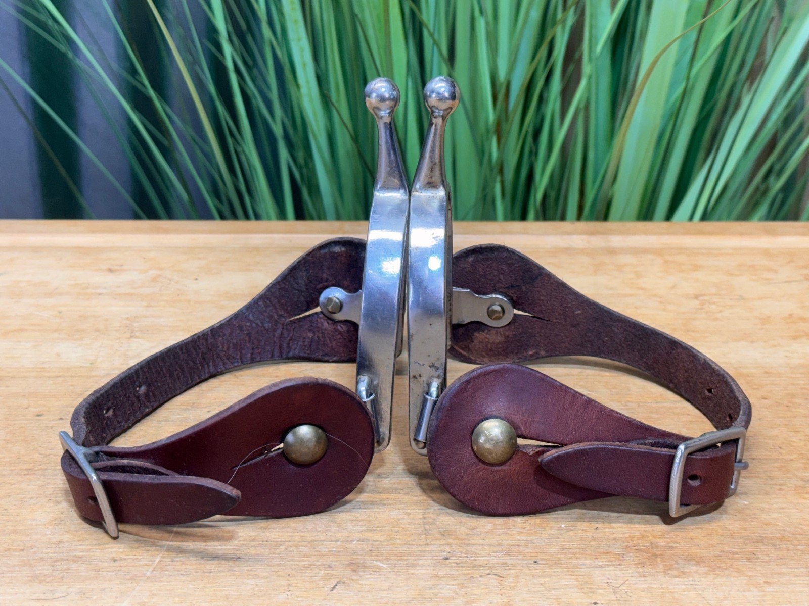 Stainless Steel BALL END Western Spurs w Leather Straps