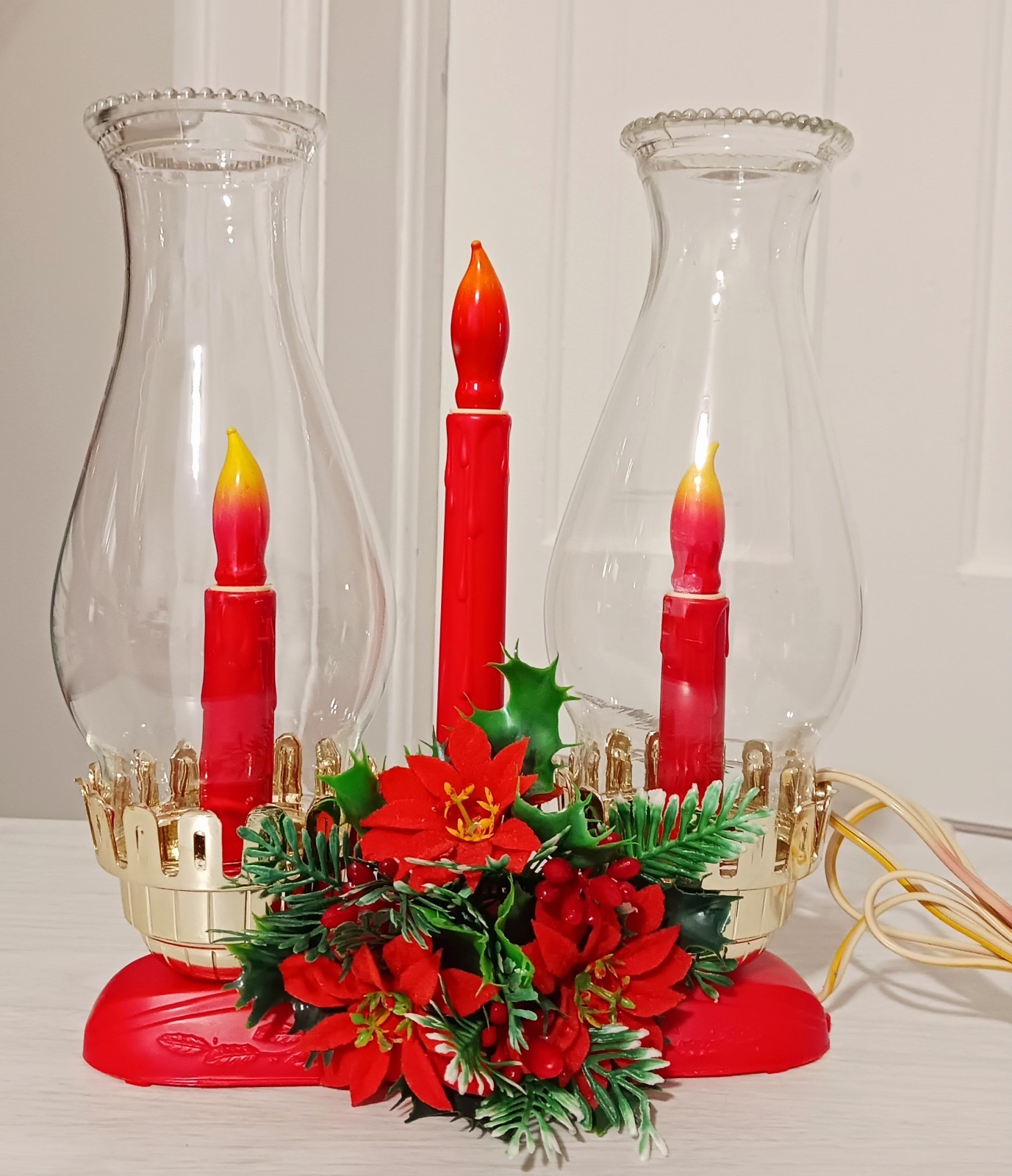 Vintage Christmas Flocked Poinsettia Hurricane Duel Chimney Electric Candle