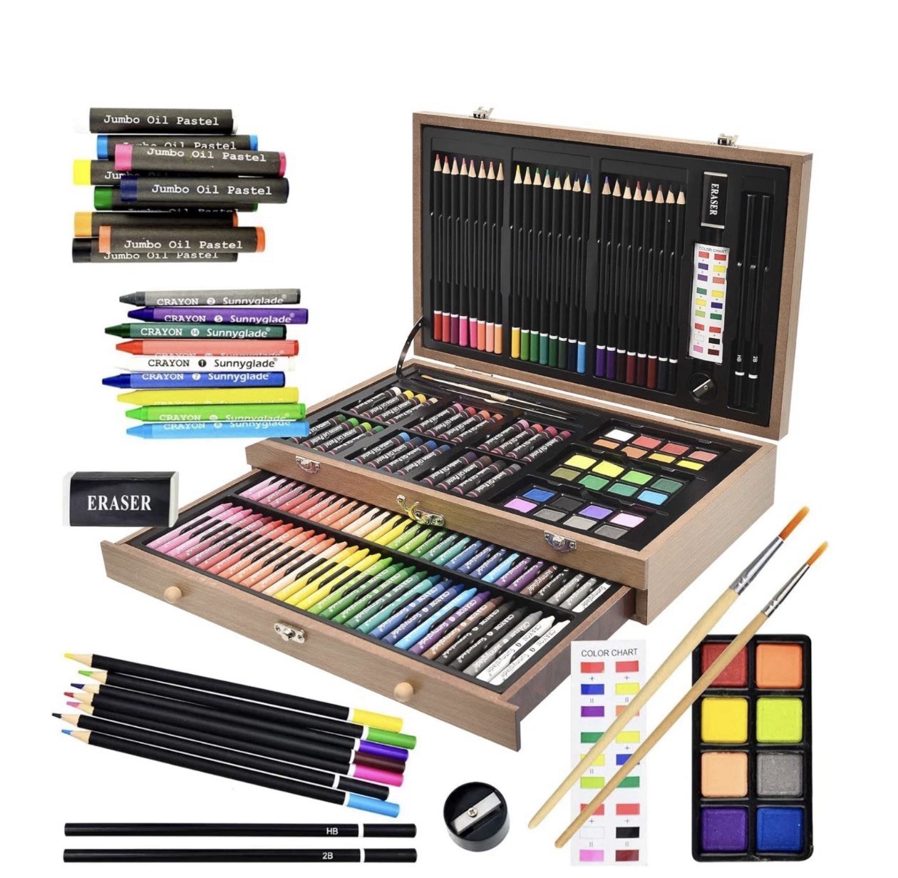 145 Piece Deluxe Art Set Wooden Art Box & Drawing Kit with Crayons Oil Pastels..