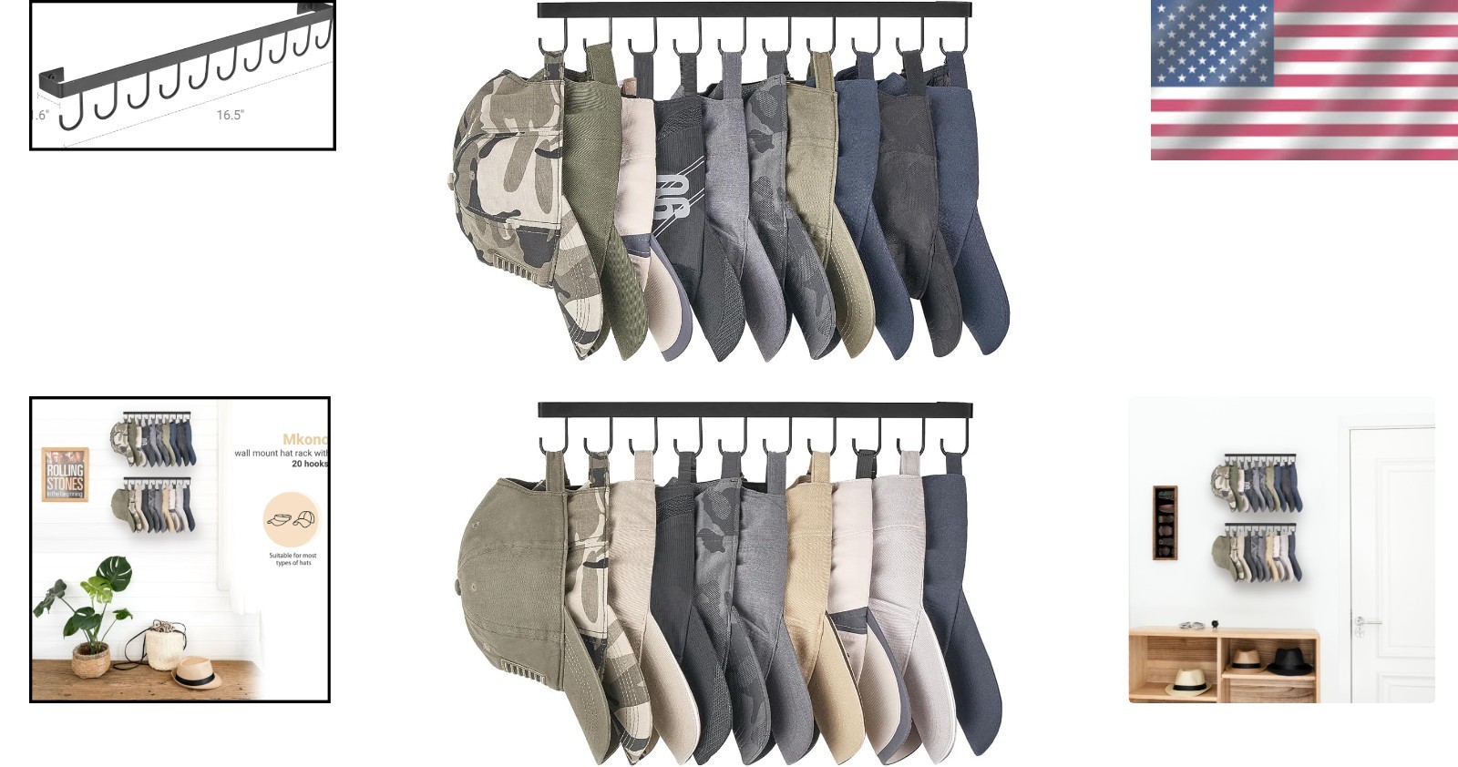 Mkono Hat Rack Wall Mount Set of 2 Hat Storage Organizer for 20 Baseball Caps, M