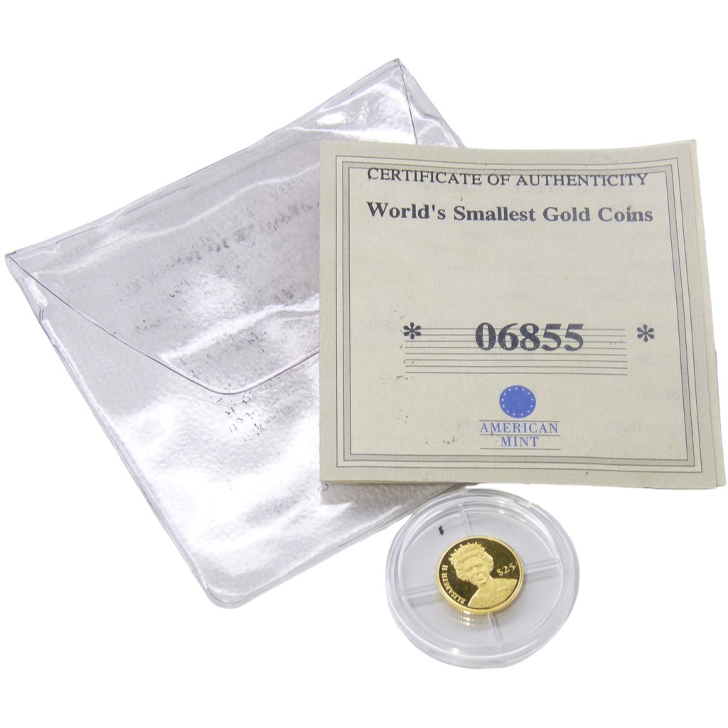 2000 Liberia $25 World's Smallest Gold Coin Queen Elizabeth II .999 w/ COA
