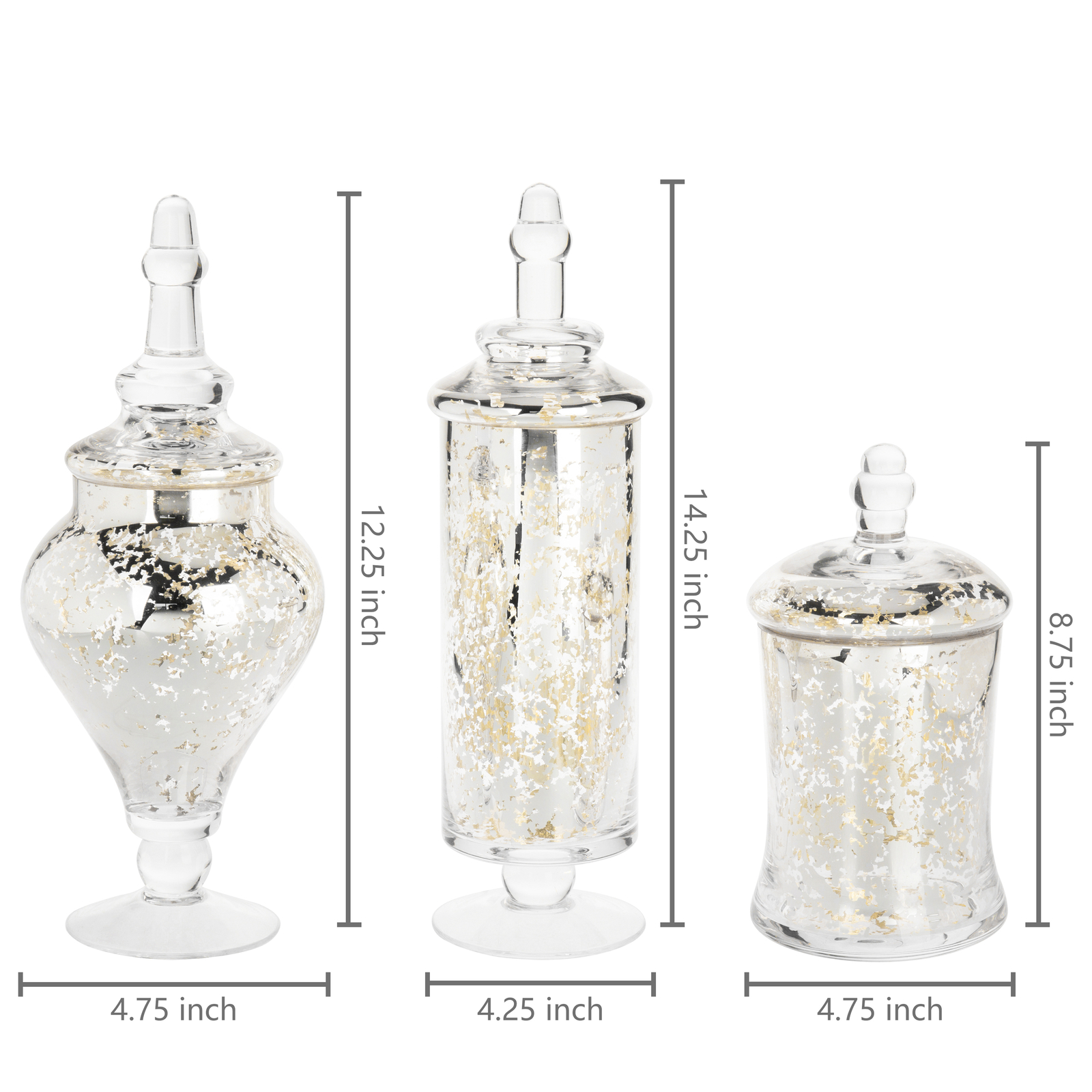 MyGift Set of 3 Silver Mercury Glass Wedding Centerpiece Candy Apothecary Jars