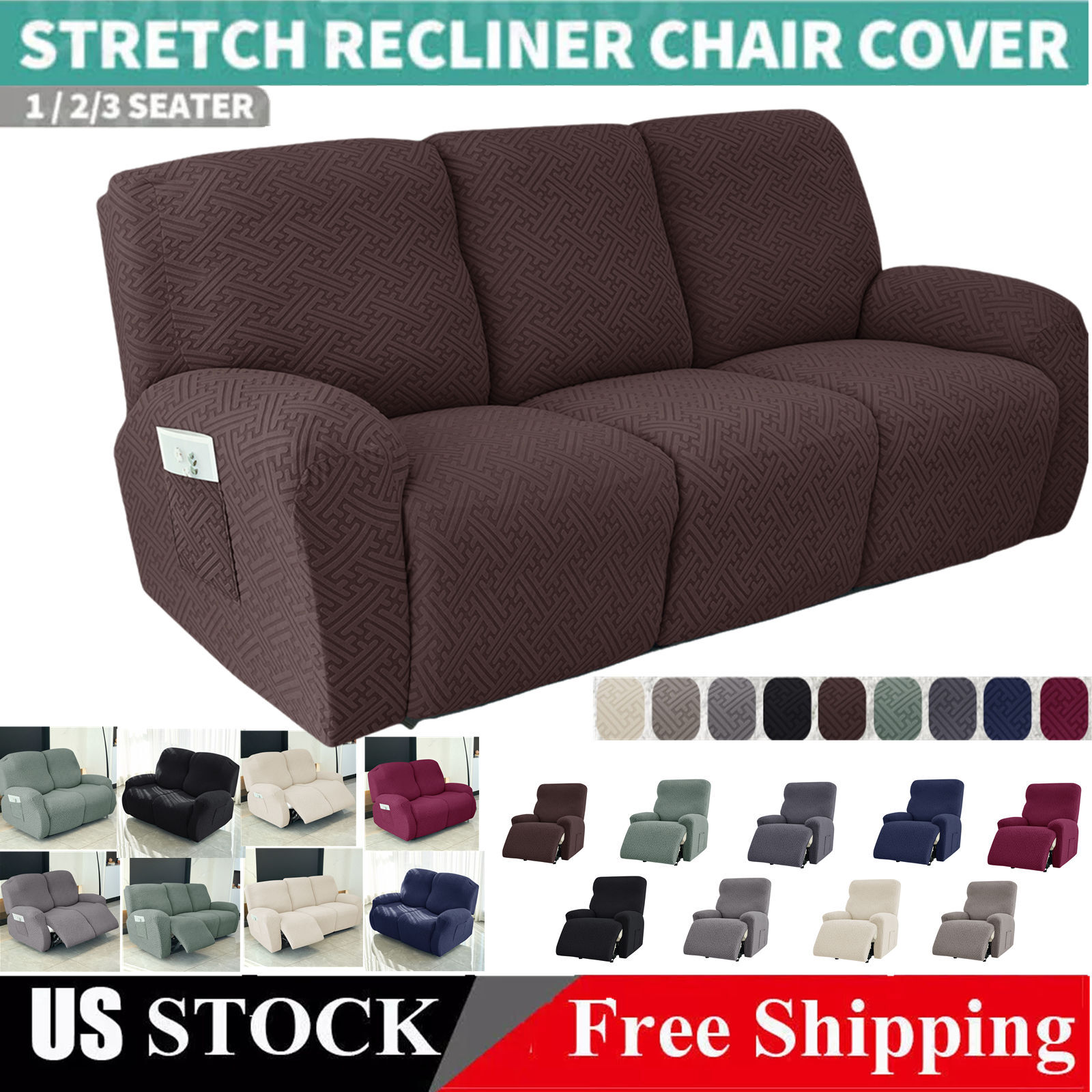 1/2/3 Seat Elastic Recliner Sofa Cover Stretch Armchair Covers Couch Slipcover