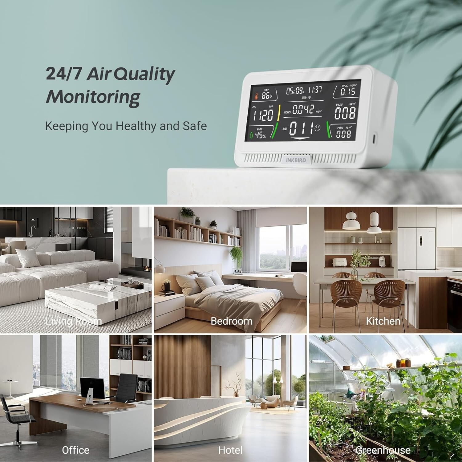 INKBIRD Air Quality Monitor Indoor Co2 Detector Portable 10-in-1 PM2.5 HCHO AQI