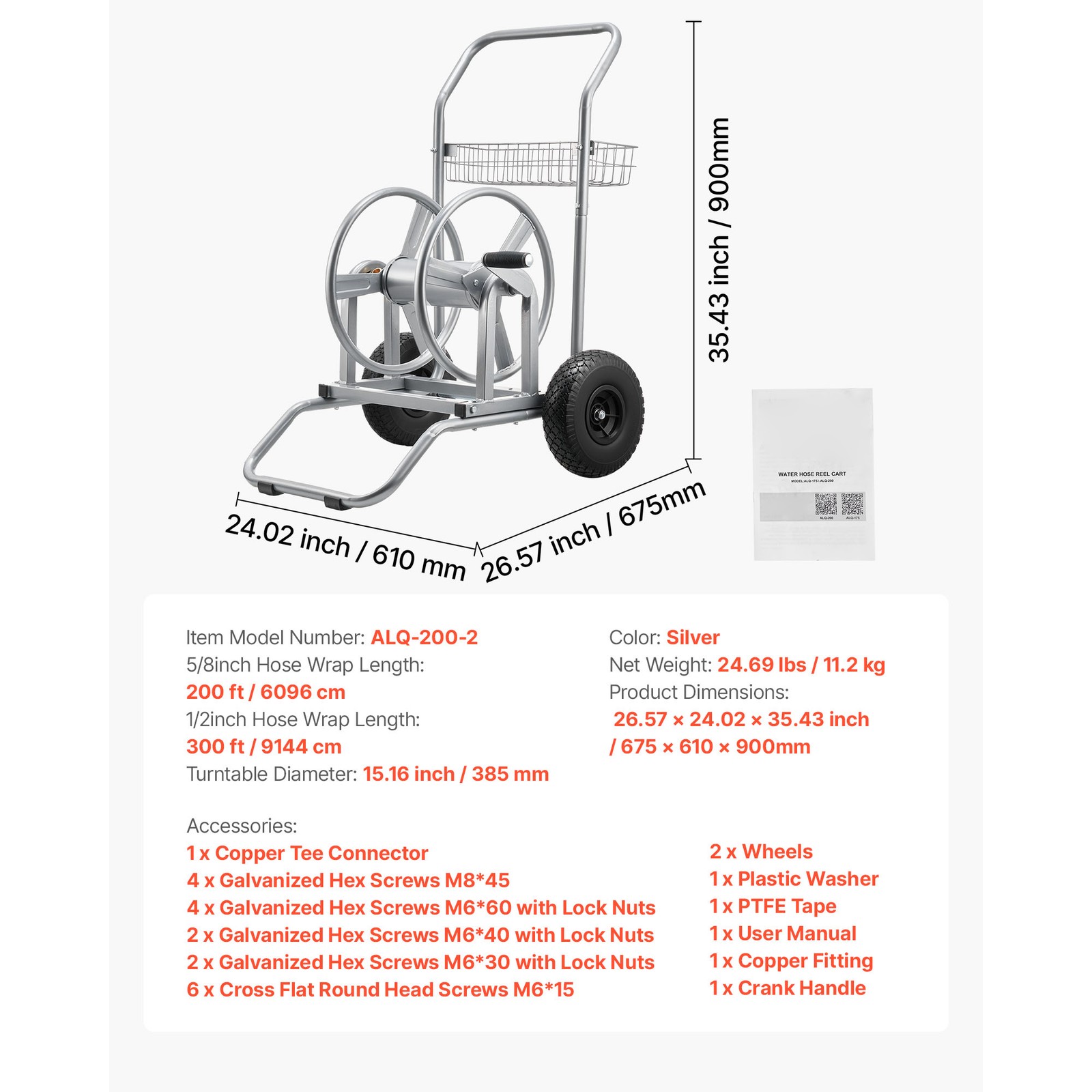 Uimoso Water Hose Reel Cart for 200/300 ft Garden Hose