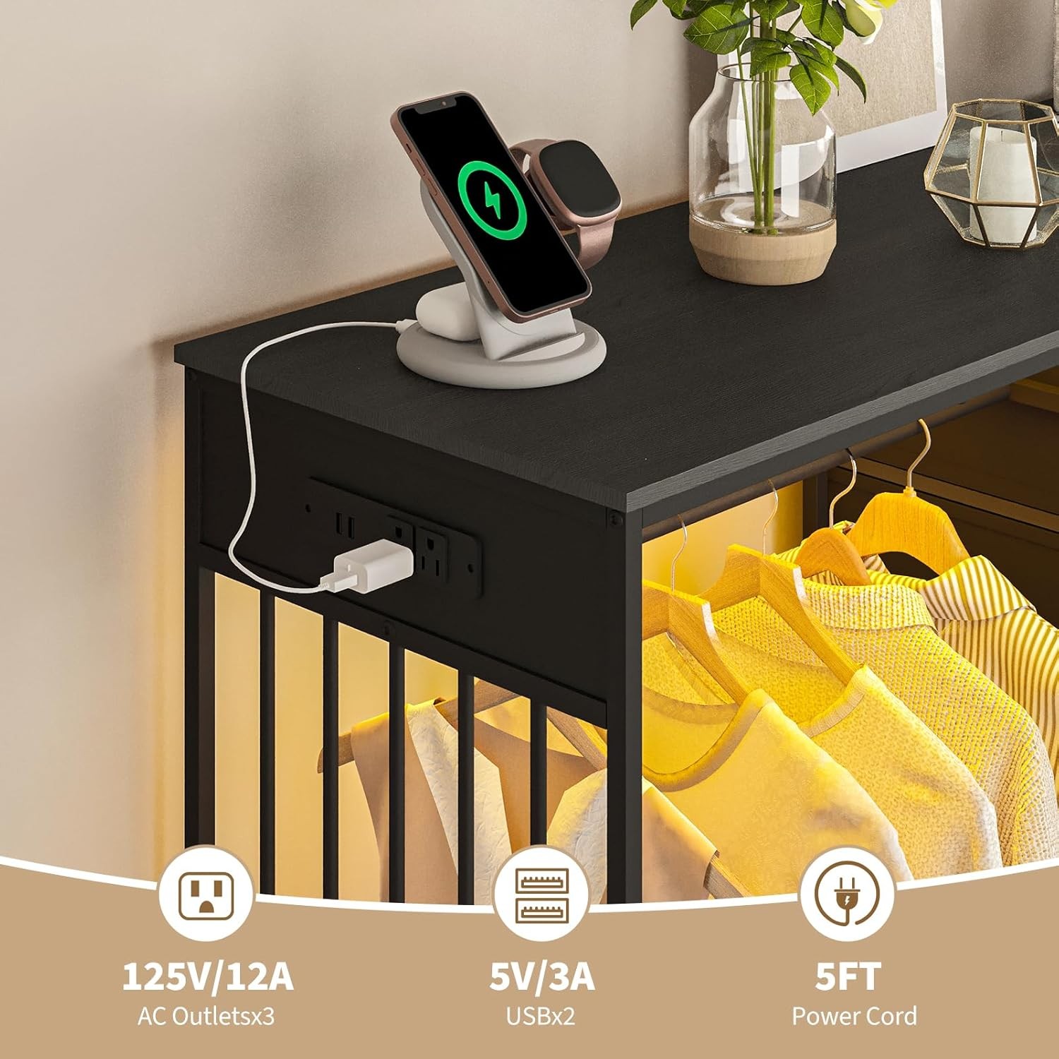 6-Drawer Dresser with Hanging Rack, LED Lights & Charging Station for Bedroom