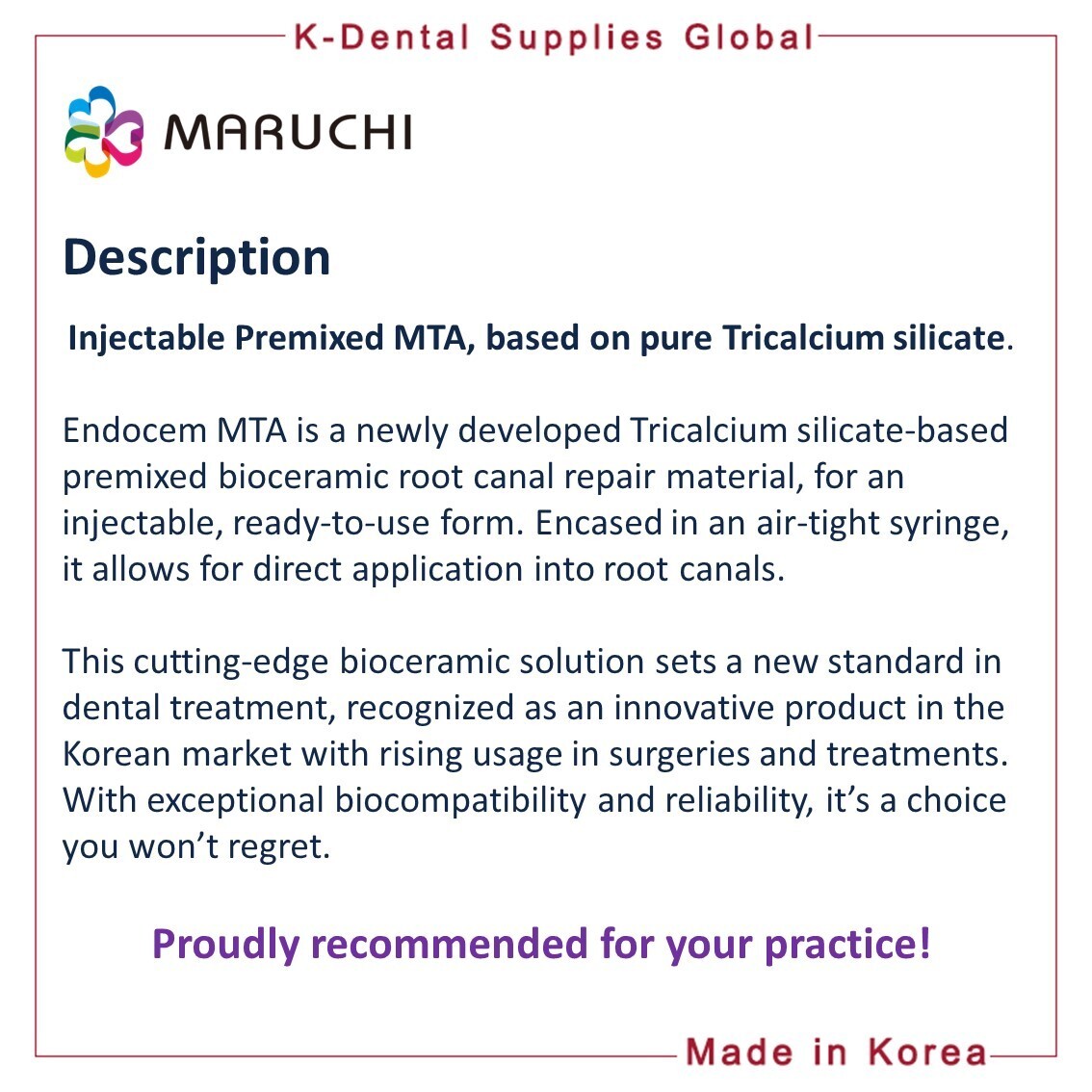 MARUCHI ENDOCEM MTA BioCeramic Premixed Injectable material (1 x 2g syringe)