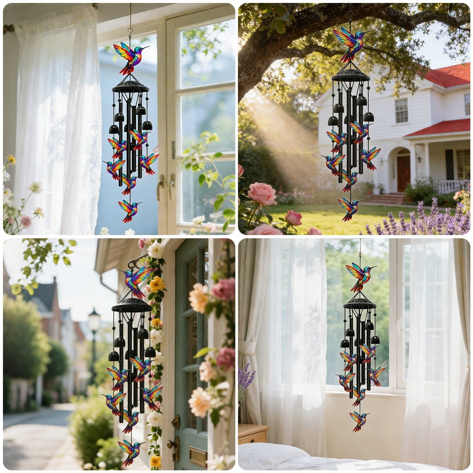 Hummingbird Wind Chimes Outdoor Garden & Yard Decor Black Aluminum Tubes Hanging