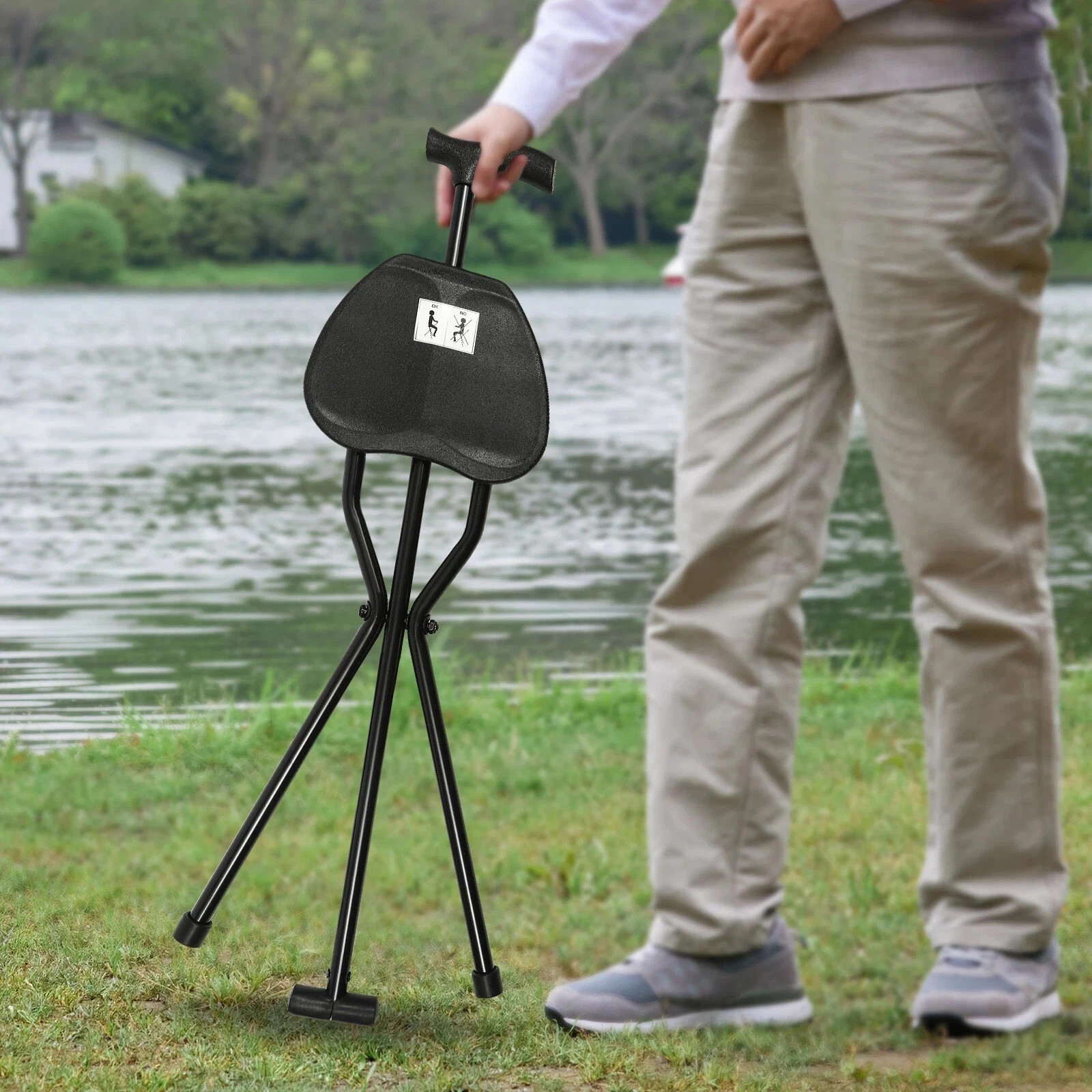 3 Legged Portable Folding Walking Stick with Seat Travel Hiking Cane Chair Stool