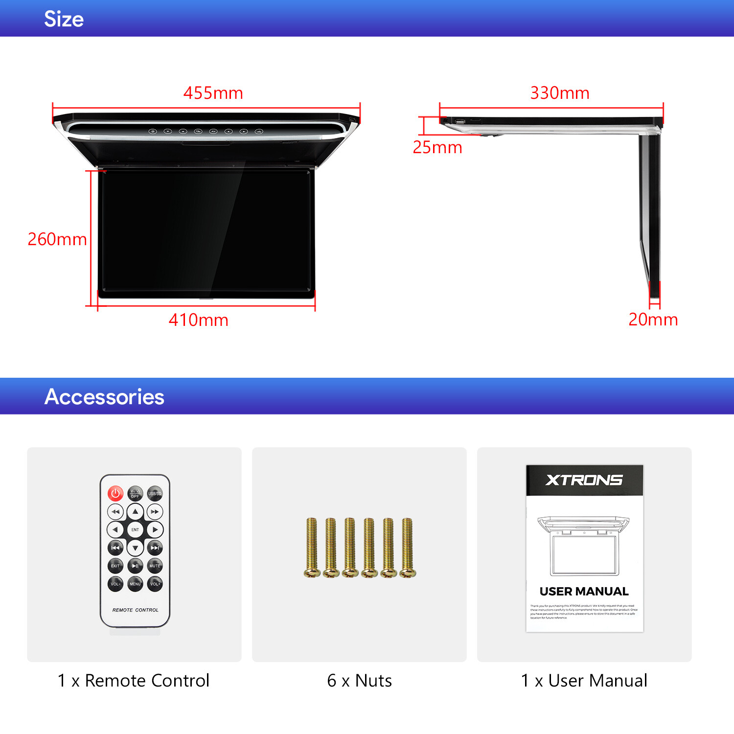 17.3" Car Overhead Ceiling Roof Mount Monitor Flip Down 1080P Video HDMI Player