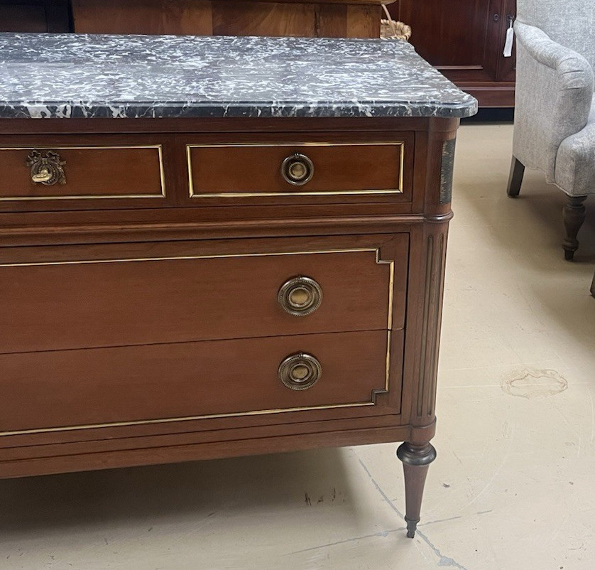 ANTIQUE FRENCH LOUIS XVI MARBLE-TOP MAHOGANY CHEST OF DRAWERS COMMODE