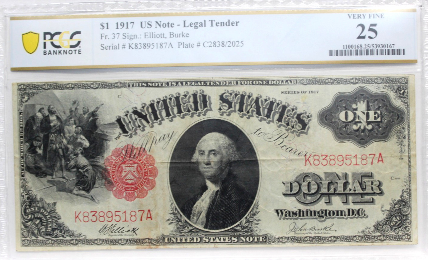 1917 $1 LEGAL TENDER US NOTE FR.37 ELLIOT BURKE PCGS 25 VERY FINE