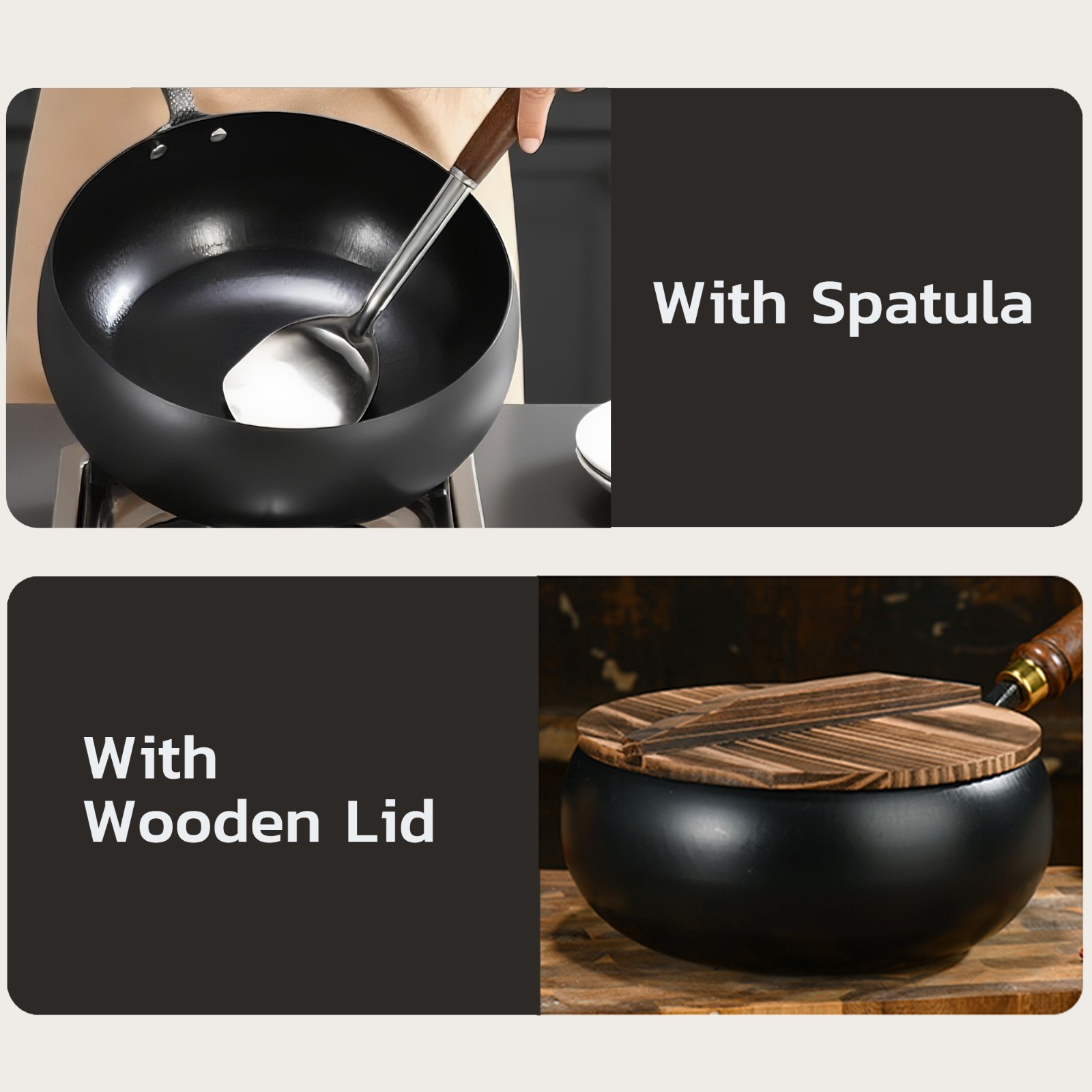 Uncoated Iron Pan Hand Forged Iron Pan with Lid Stir Fry Wok Skillet - 11.02IN