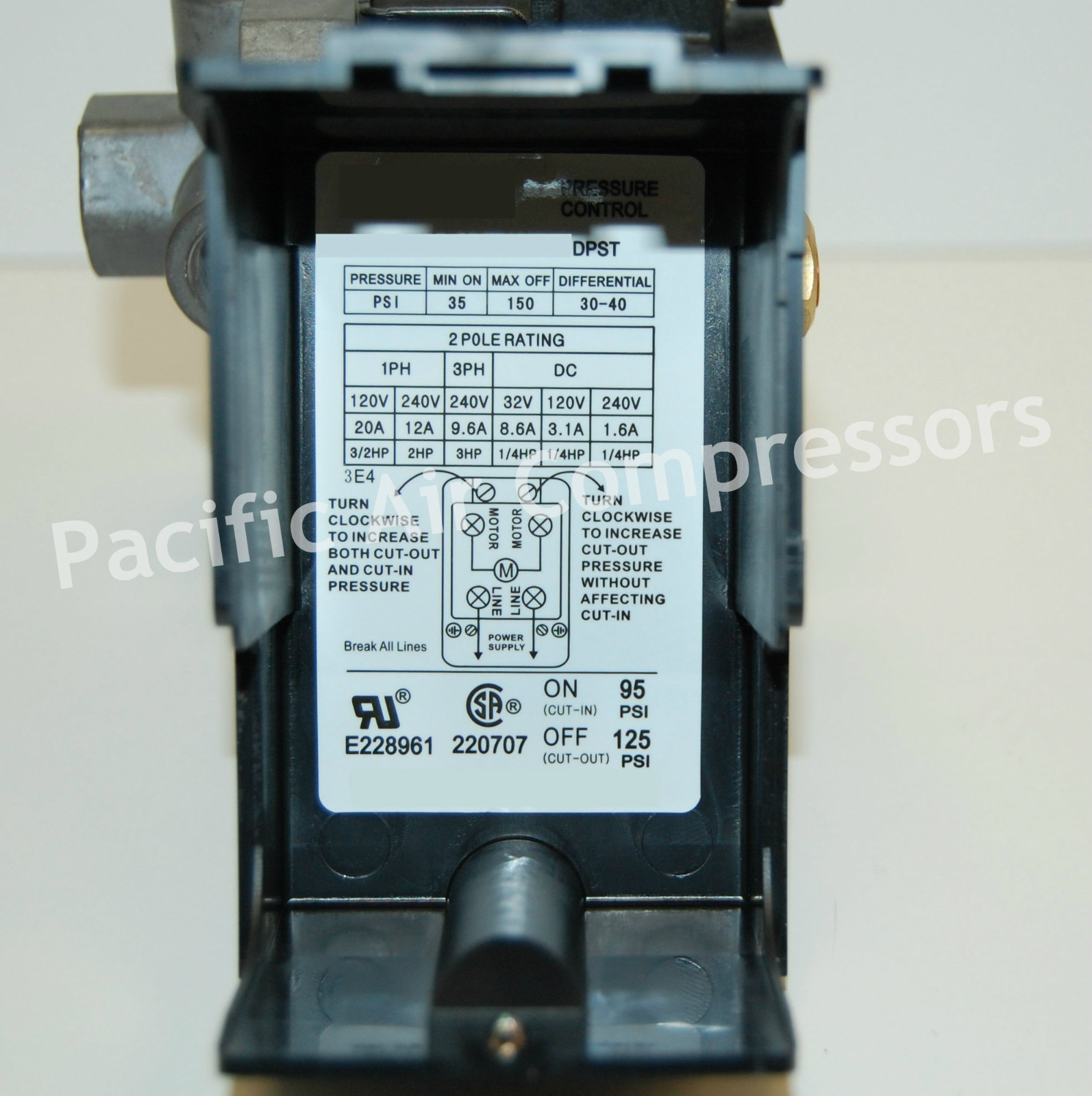 VT412024 AIR COMPRESSOR REPLACEMENT PRESSURE SWITCH 95-125PSI ADJUSTABLE 4 PORT