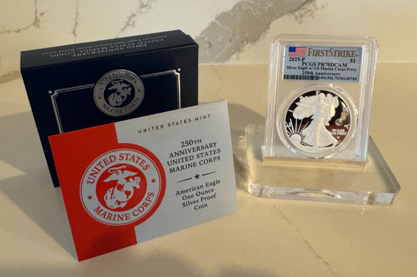 2025-P $1 American Silver Eagle 250th Marine Corps Privy PCGS PR70 First Strike