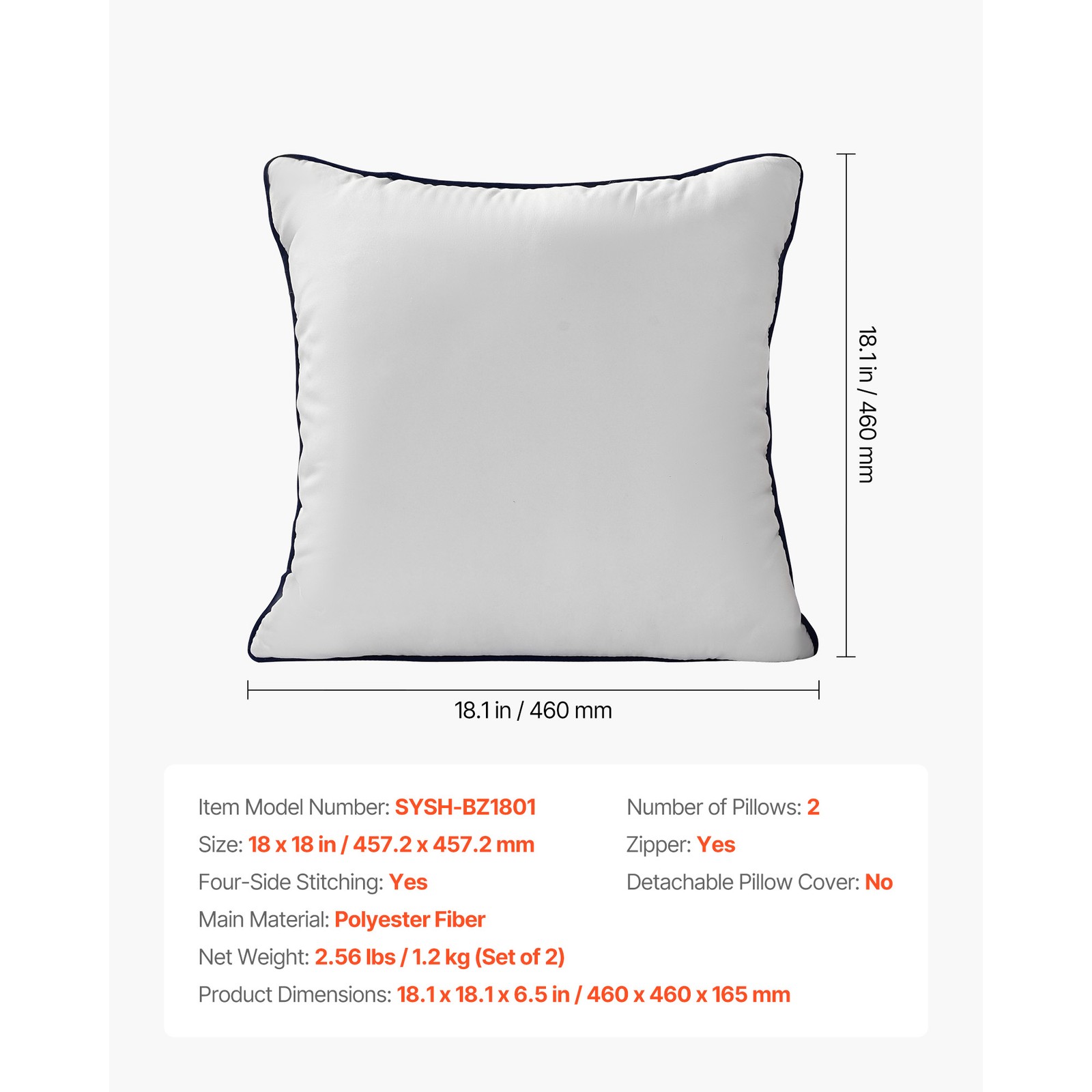 18 x 18 in Throw Pillow Inserts Pack of 2 White Down Alternative Pillows Square