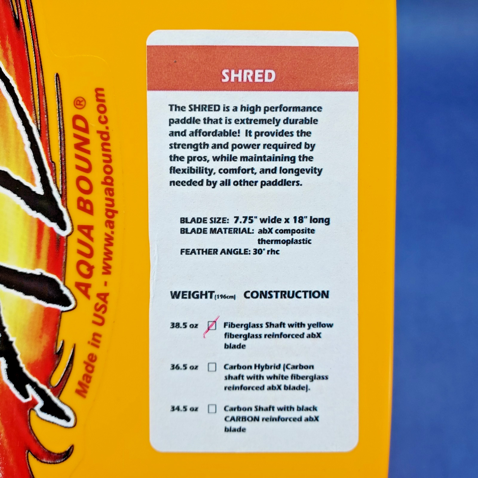 Aqua Bound Shred 192 CM 38.5 Oz Yellow Kayak Paddle Made In The USA