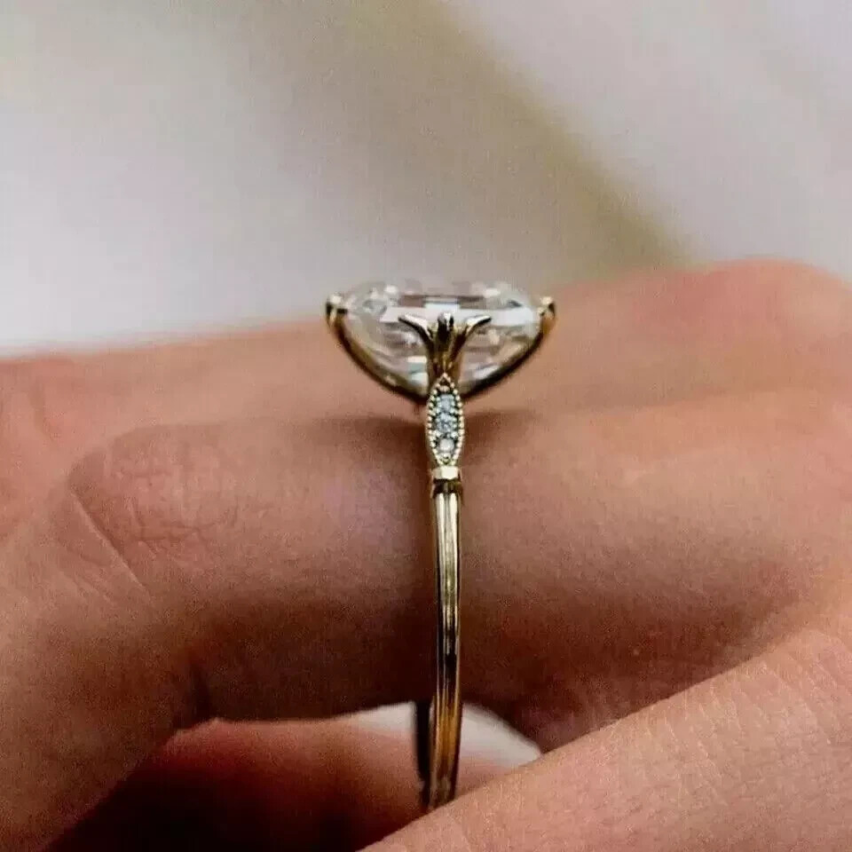 Art Deco Style 3.5Ct Asscher Cut Lab Created Diamond Engagement 14K Gold FN Ring