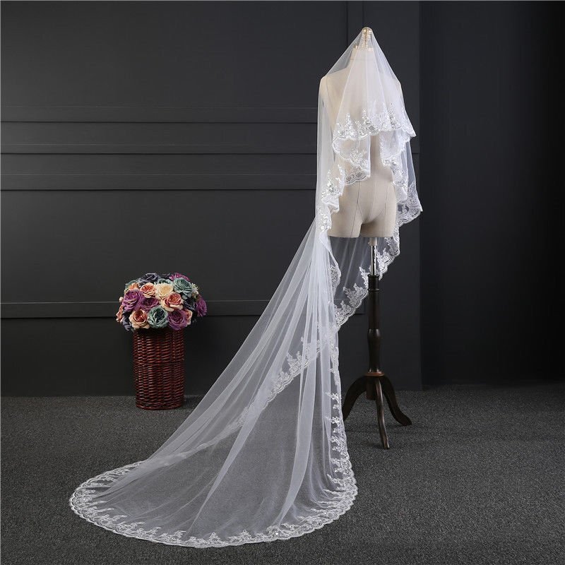 10Ft Long White Wedding Bridal Veils with Embroidery Lace Edge Bride Supplies US
