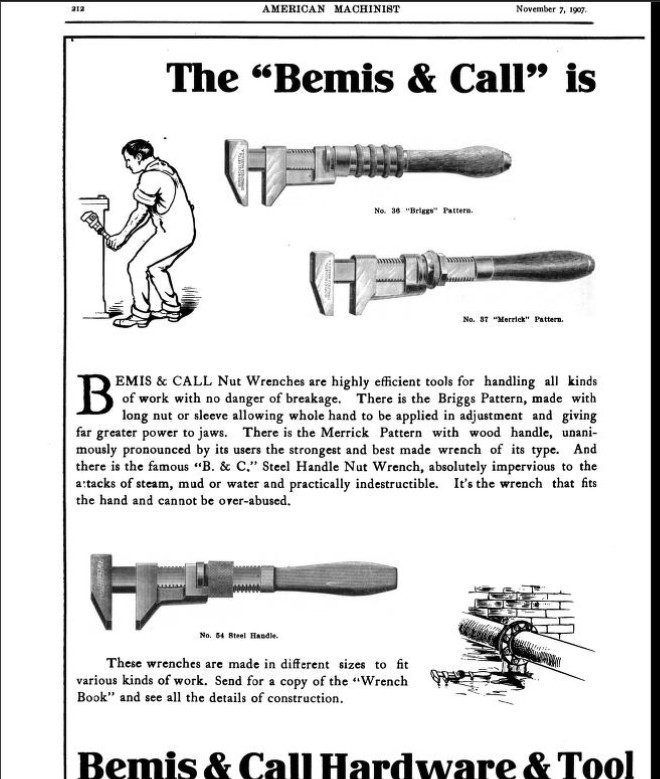 1900's Bemis & Call Co. No. 37 Nut/Monkey Wrench 10" Wood Handle Merrick Pattern